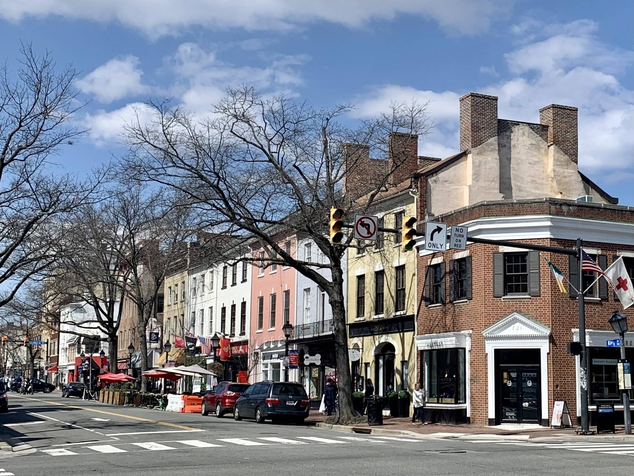 Historic brick storefronts and restaurants along King Street in Old Town Alexandria