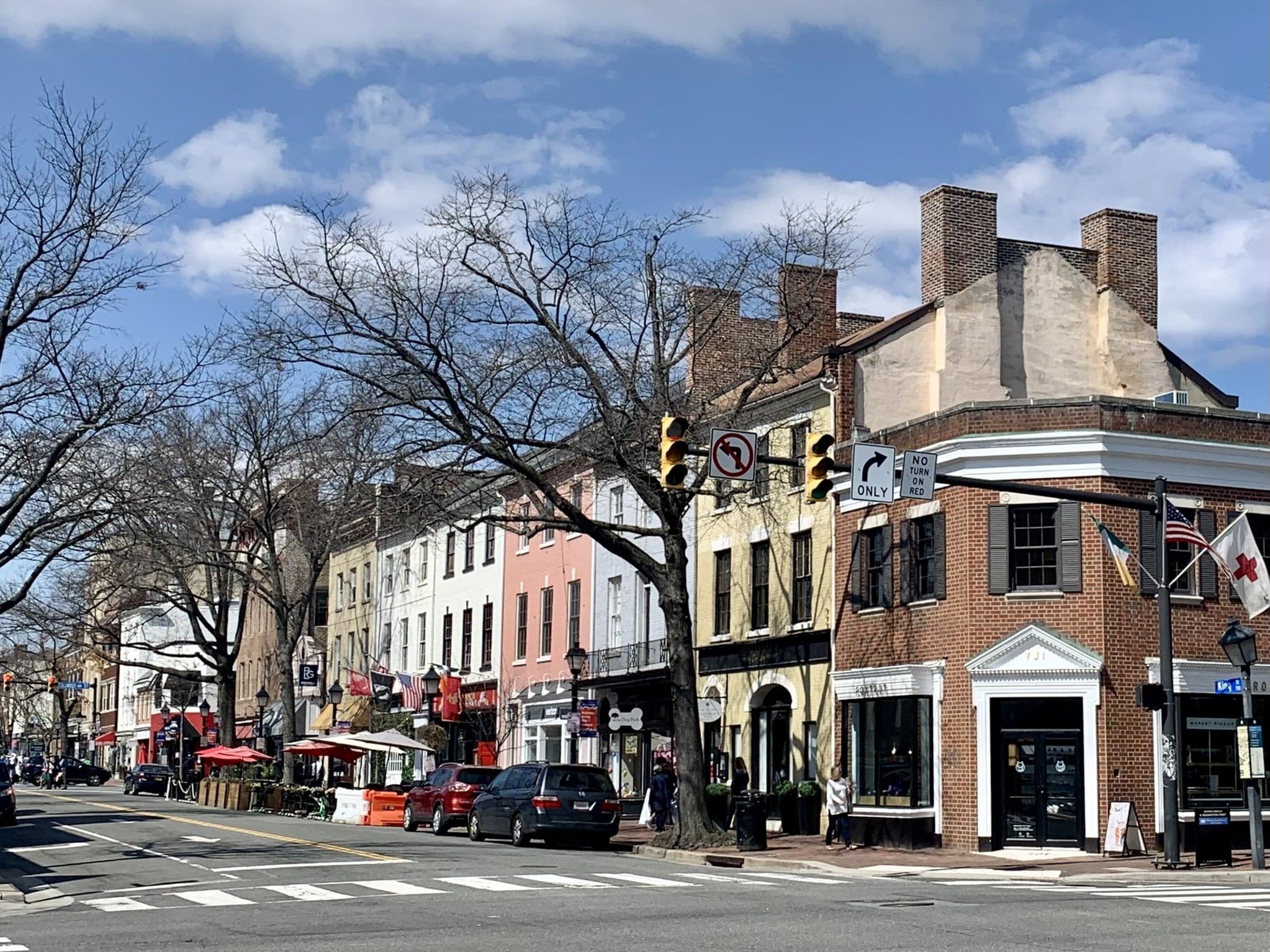 Historic brick storefronts and restaurants along King Street in Old Town Alexandria