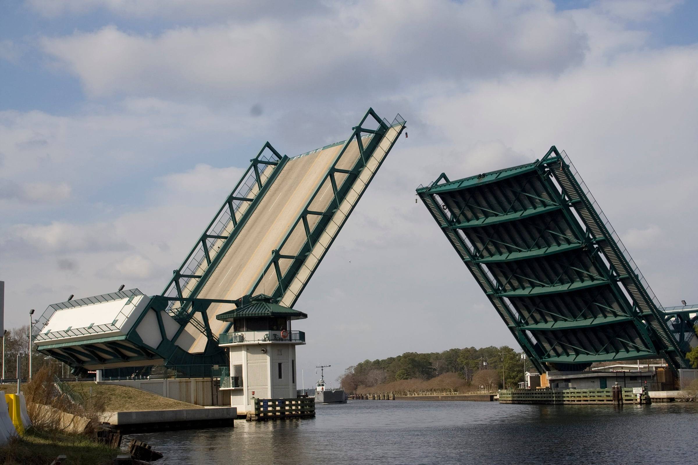 The Great Bridge bascule bridge raised open over the Albemarle and Chesapeake Canal in Chesapeake