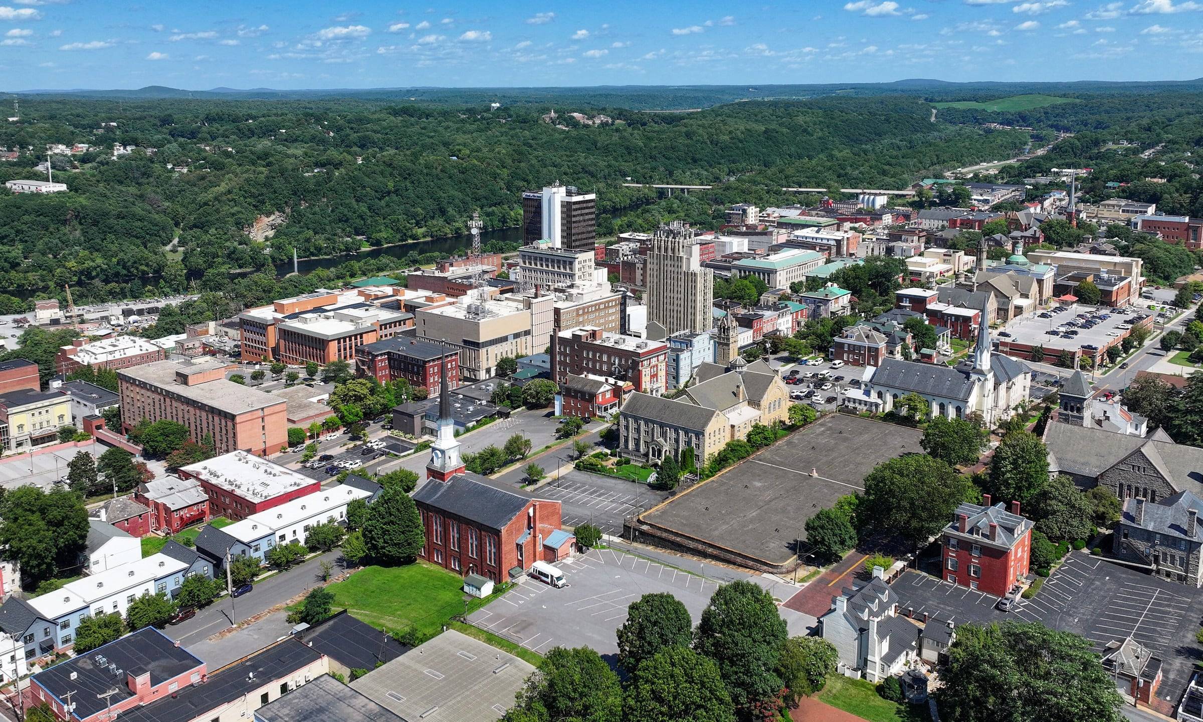 Aerial view of downtown Lynchburg and its hillside neighborhoods